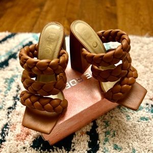 Ego Camel Square Open Toe Braided Block Heel Mules